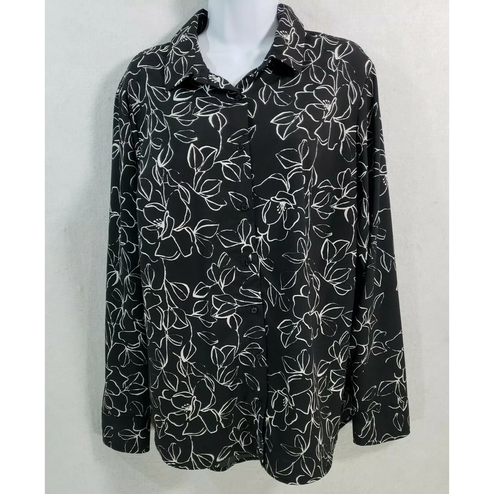 A New Day Blouse XXL Women's Long Sleeve Button Down Black White Floral Print